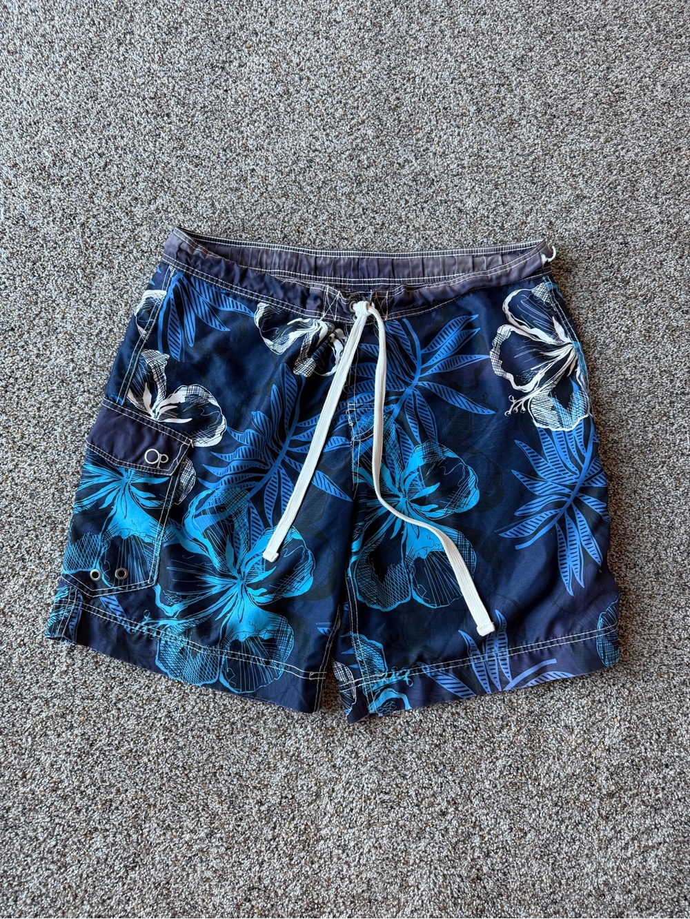 OP Ocean Pacific Blue Floral Hawaiian Board Shorts Swim Trunks Men's Large